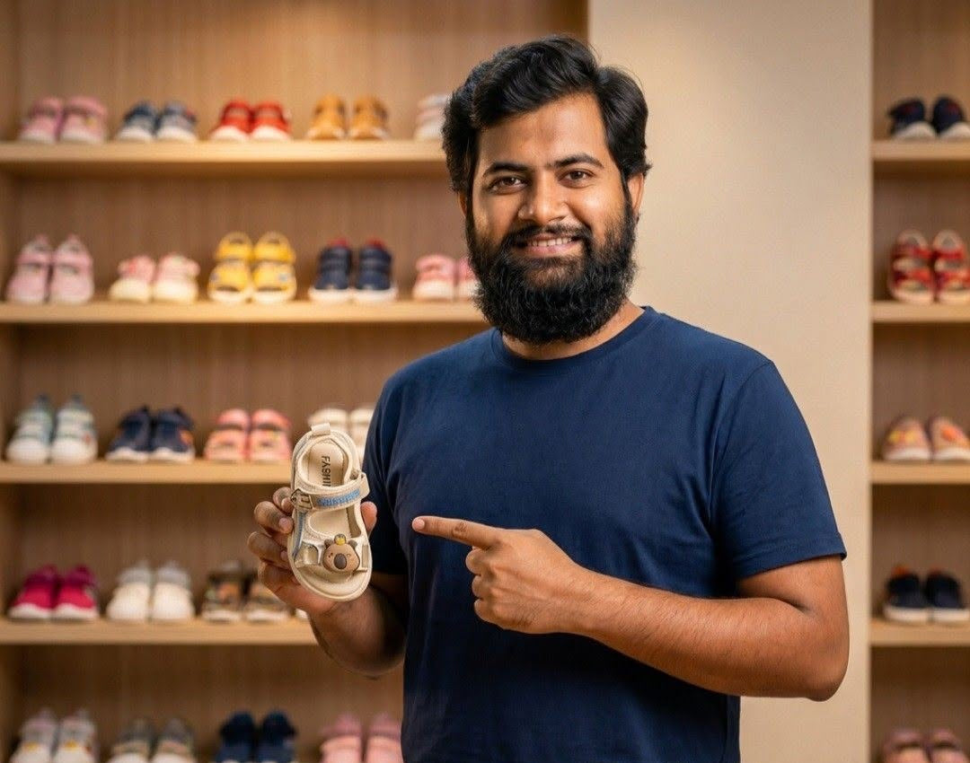 A smiling man with a beard wearing a navy blue t-shirt stands behind a wooden counter in a shoe store, holding up a beige and blue toddler sandal and pointing to it. Shelves in the background are filled with various colorful children's shoes.